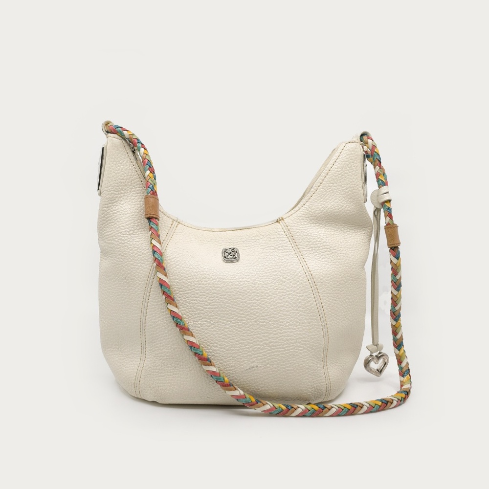 BRIGHTON Pebbled Leather Hobo Bag Braided Multicolou Strap Heart Charm E163535